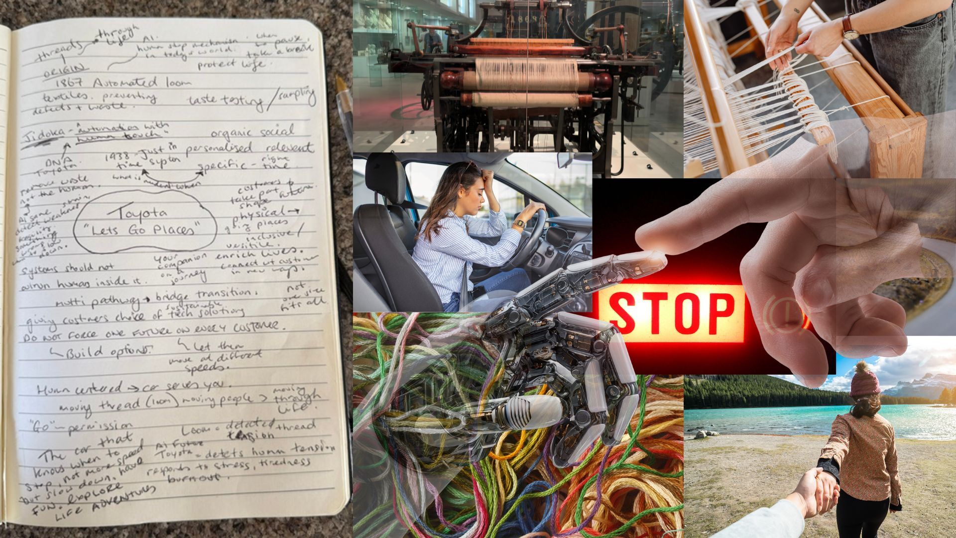 Investigation board exploring Toyota's history, Jidoka philosophy, the original automated loom, thread metaphor and future AI mobility concept. Investigation board exploring Toyota's history, Jidoka philosophy, the original automated loom, thread metaphor and future AI mobility concept.
